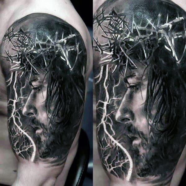 3d Mens Jesus With Crown Of Thorns Arm Tattoos