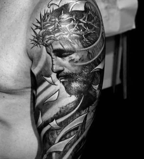 3d Mens Jesus With Crown Of Thorns Male Half Sleeve Tattoos