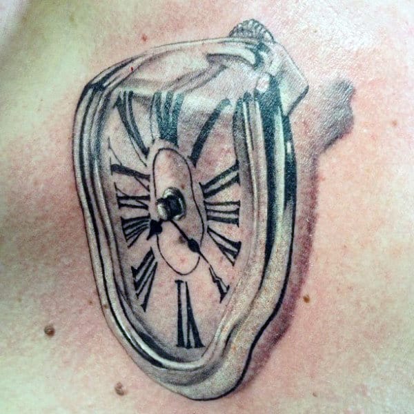 3d Mens Melting Clock Metallic Tattoo On Back
