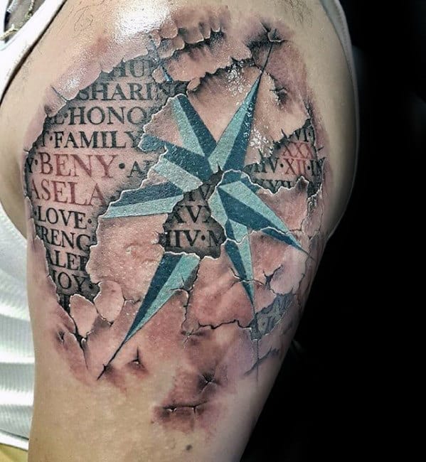 3d Mens Nautical Star Words Upper Arm Tattoo