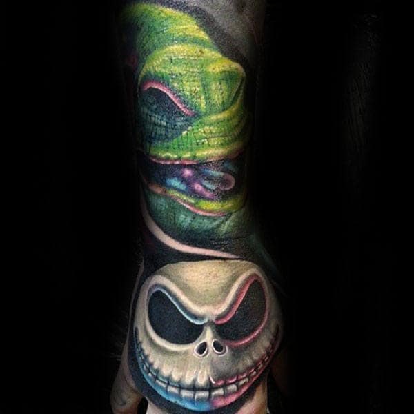 3d Mens Night Before Christmas Tattoo Of Oogie Boogie And Jack On Hand And Wrist