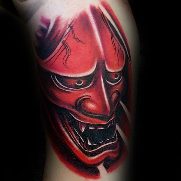 3d Mens Red Ink Hannya Mask Bicep Tattoos