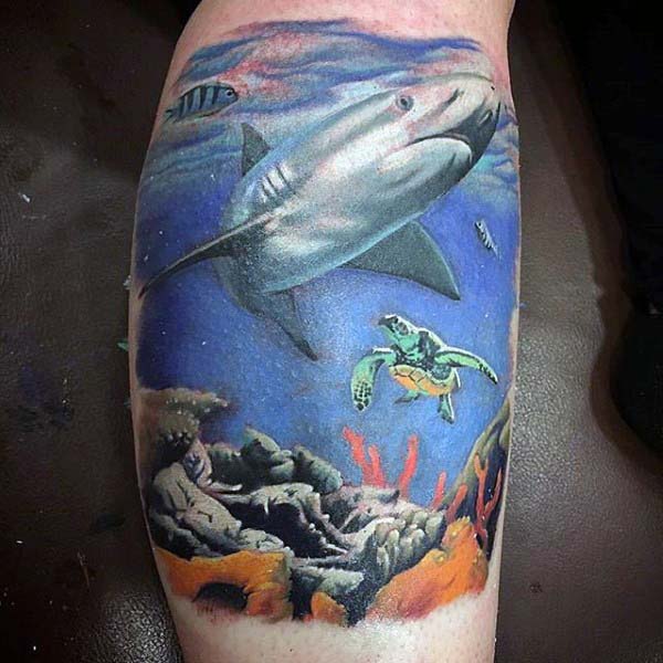 3d Mens Shark With Turtle Ocean Arm Tattoo Designs