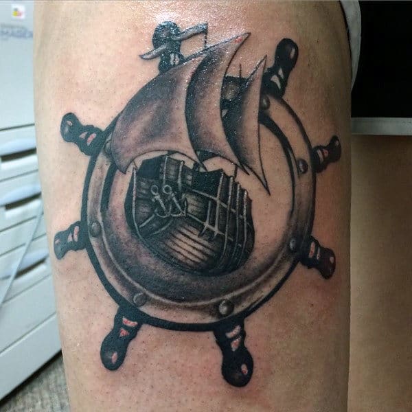 Tattoos by Ping - What a cool elbow piece that was as fun as the person I  did it on. Thanks Carson for sitting so awesome. . . #pirate #wheel #eye # tattoo #tattoosbyping | Facebook