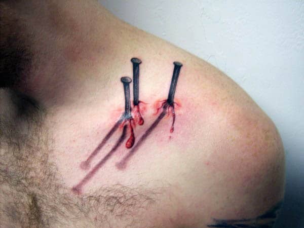 3d Optical Illusion Nails Poking In Skin Shoulder Mens Tattoos