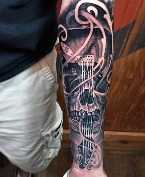 3d Ornate Skull Guitar Mens Forearm Sleeve Tattoos