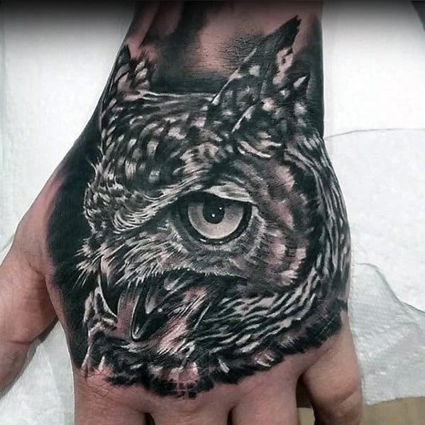 3d Owl Head Guys Unique Hand Tattoo Design Ideas