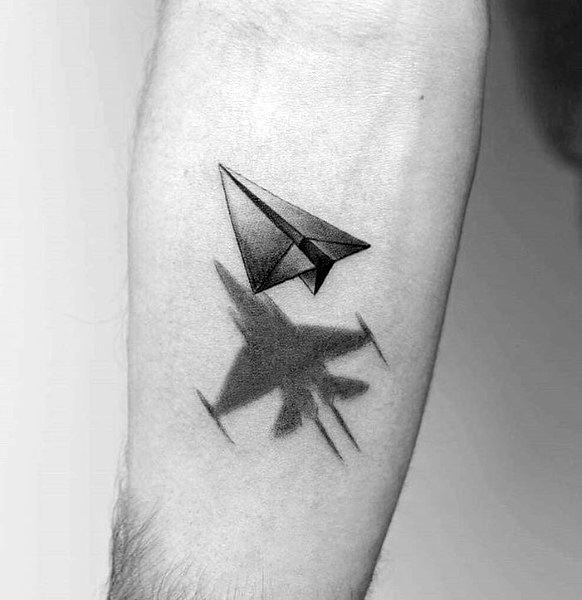 3d Paper Airplane With Fighter Jet Coolest Tattoos For Men On Inner Forearm