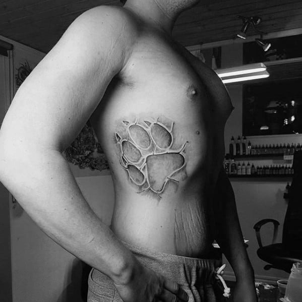 3d Paw Print Mens Side Of Chest Tattoo
