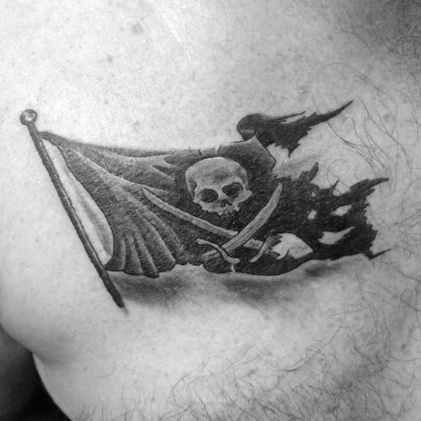 3d Pirate Flag Male Tattoo On Upper Chest