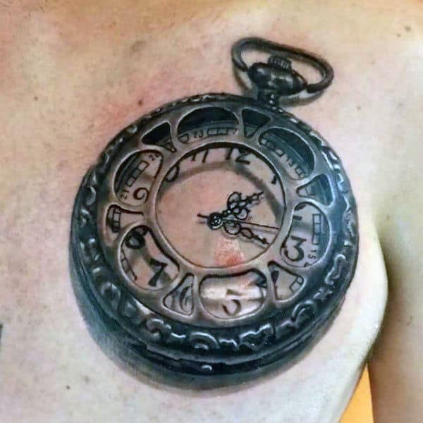 3d Pocket Watch Mens Detailed Upper Chest Tattoos