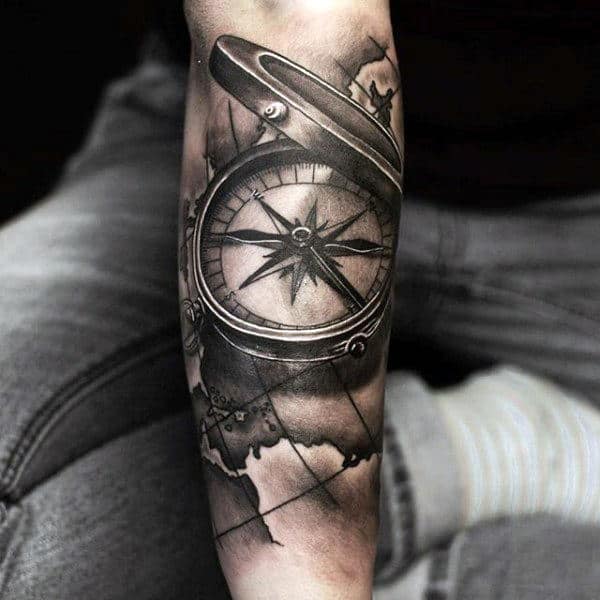 3d Reaistic Compass With Map Black And Grey Shaded Forearm Sleeve Tattoos For Men