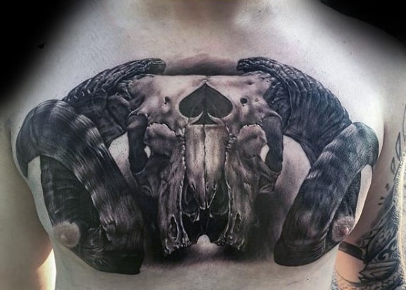 3d Reaistic Goat Skull Upper Chest Tattoo Designs For Guys