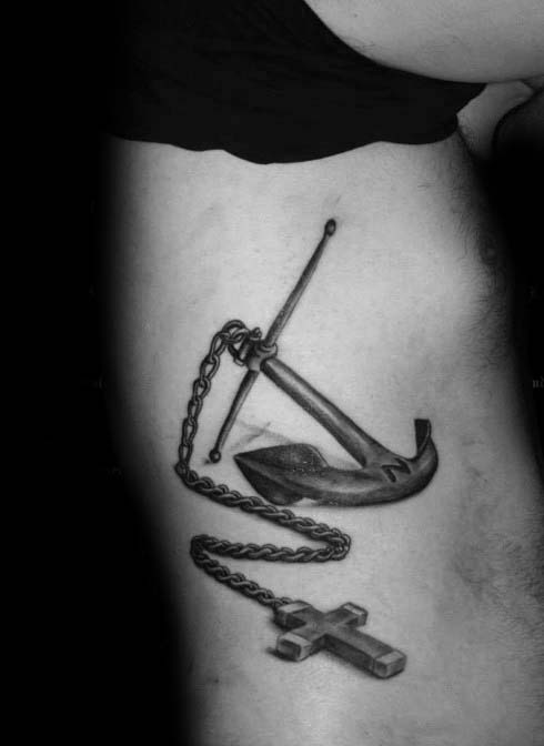 3d Realistic Anchor Cross With Necklace Design Mens Rib Cage Side Tattoos