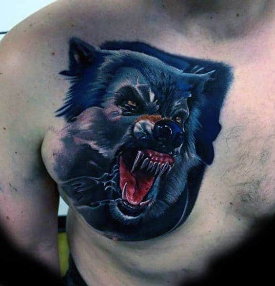 3d Realistic Blue Ink Wolf Mens Watercolor Chest Tattoos