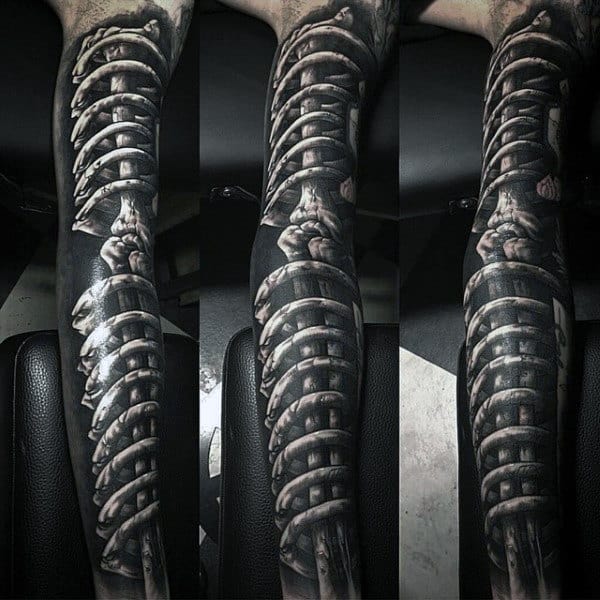 3d Realistic Bone Black Ink Male Tattoo On Arm