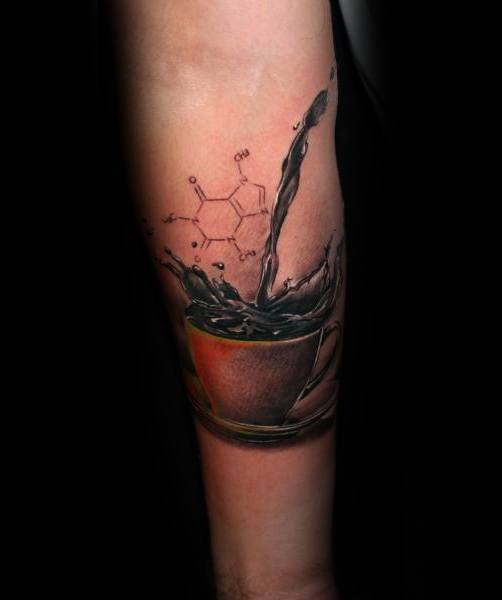 3d Realistic Caffine With Coffee Cup Guys Tattoos On Forearm