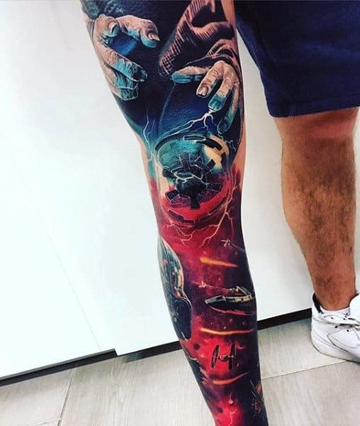 3d Realistic Colorful Leg Sleeve Tattoo Inspiration For Men