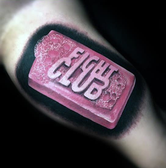 3d Realistic Fight Club Soap Bar Tattoo On Mans Bicep Inner Arm