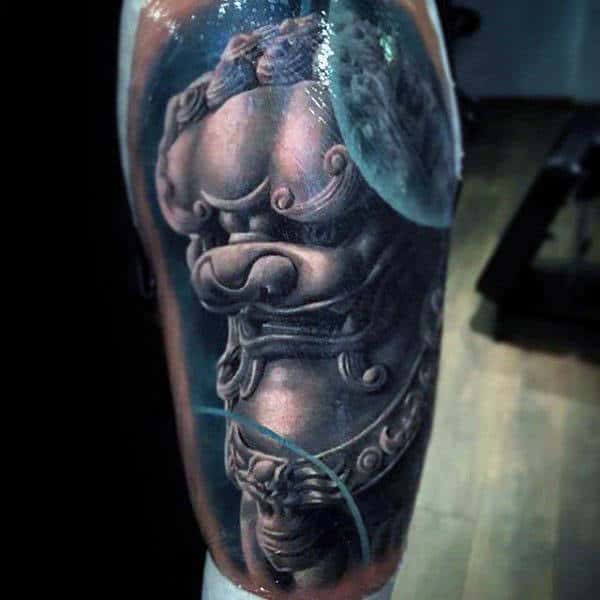 3d Realistic Foo Dog Shaded Grey And Blue Ink Arm Tattoo