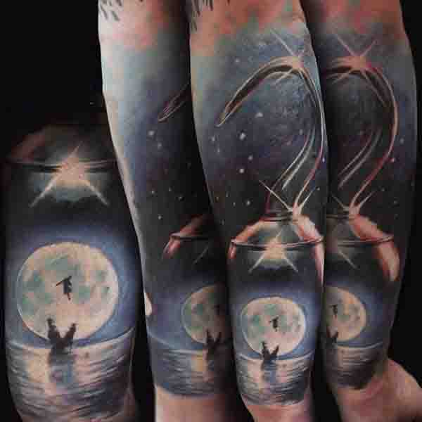 3d Realistic Hook And Moon Mens Forearm Sleeve Tattoo