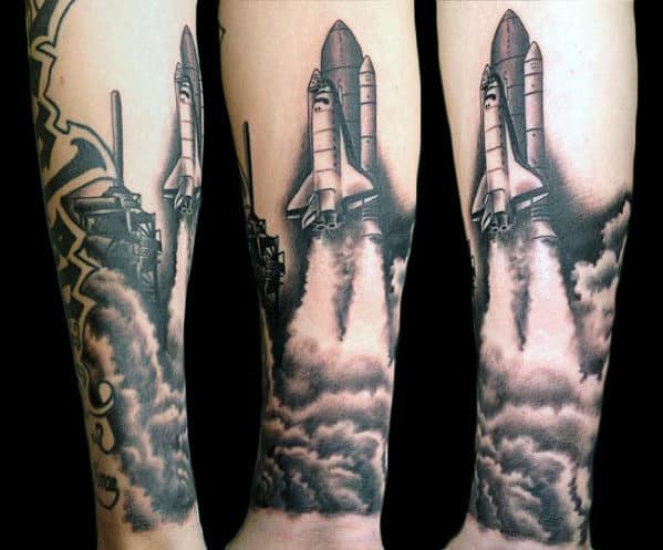 3d Realistic Mens Spaceship Clouds Forearm Tattoo