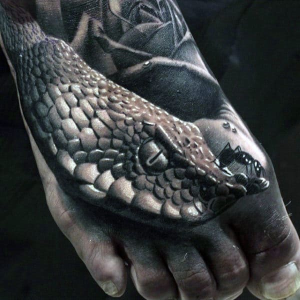 3d Realistic Snake With Ant Black Ink Mens Foot Tattoo