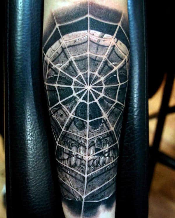 3d Realistic Spider Web Tattoo With Skull On Male On Forearm