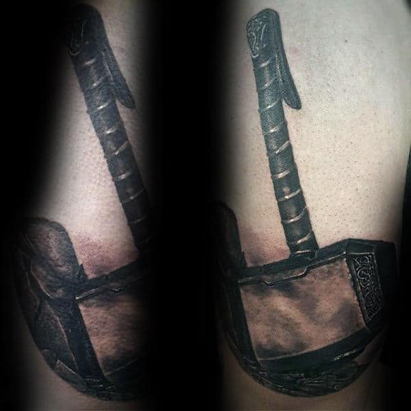 3d Realistic Tattoo Of Mjolnir On Mans Arm