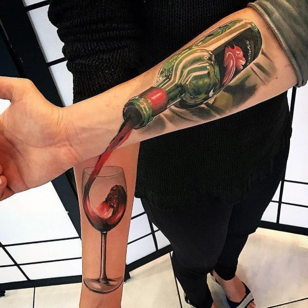 3d Realistic Wine Bottle And Glass Couples Tattoos On Forearms