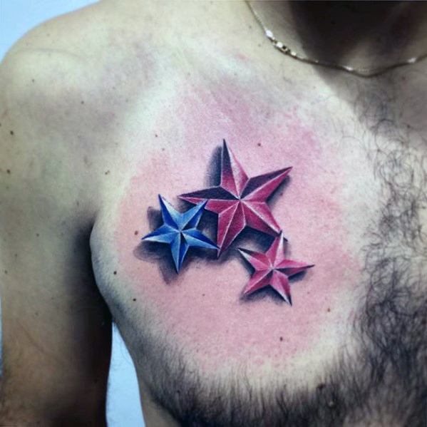 3d Red And Blue Simple Star Mens Chest Tattoo