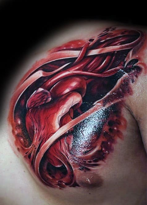 3d Ripped Skin Guys Anatomical Heart Realistic Chest And Shoulder Tattoo