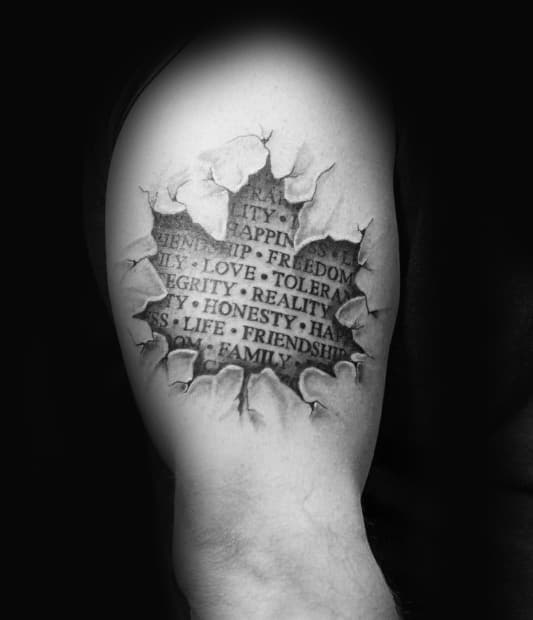 3d Ripped Skin Maple Leaf Quote Guys Tattoos On Upper Arm
