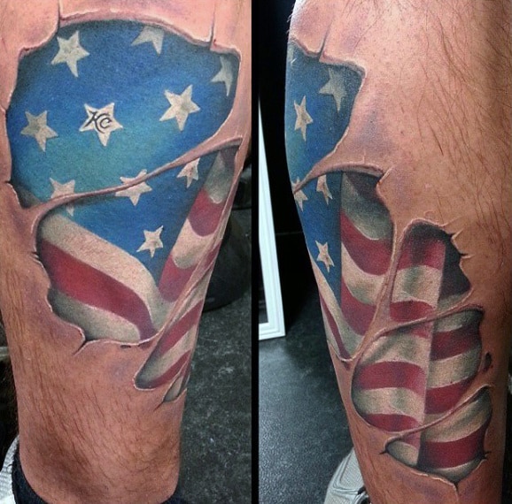Colorful 3D American Flag Tattoo Design For Cool Sleeve