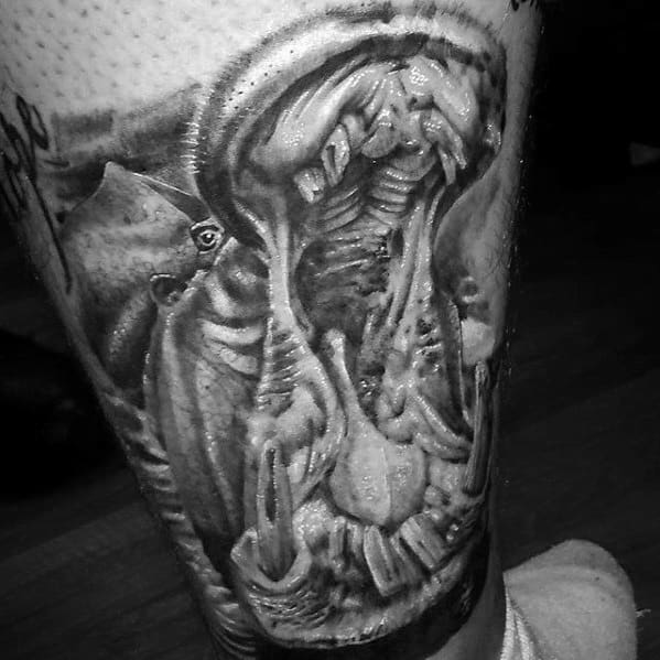 3d Shaded Black And Grey Leg Hippo Tattoo Design On Man