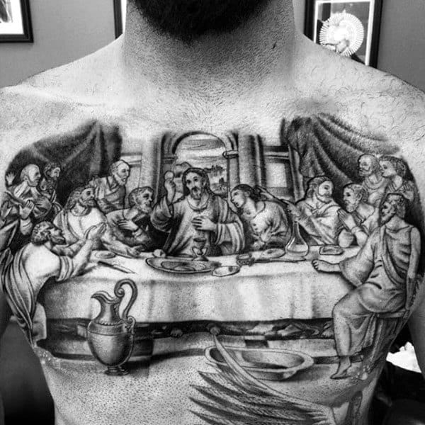 3d Shaded Last Supper Black Ink Guys Tattoos On Upper Chest