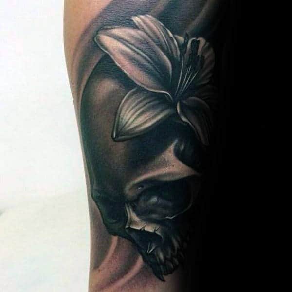 3d Shaded Orchid Flower With Skull Mens Cool Arm Tattoo Ideas
