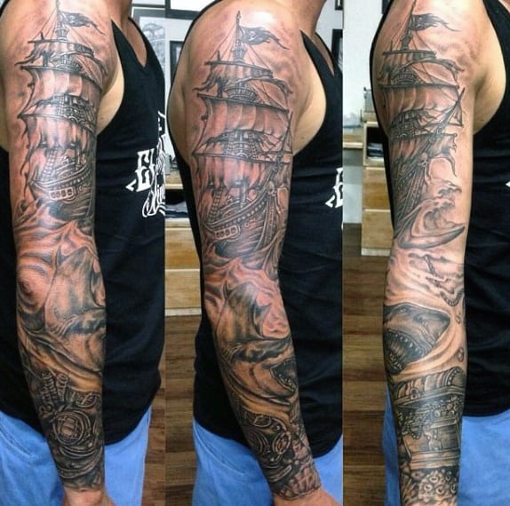3D Shark Tattoo On Man Full Sleeve