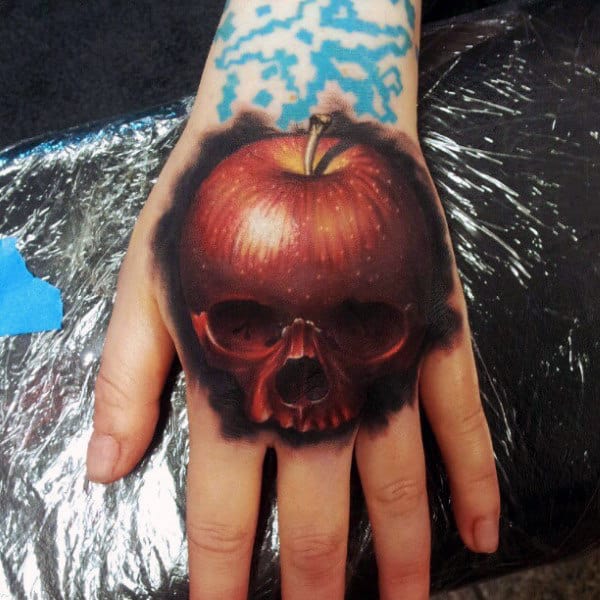 3d Skull Apple Mens Hand Tattoos