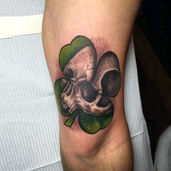 3d Skull Four Leaf Clover Tattoos For Guys On Arm