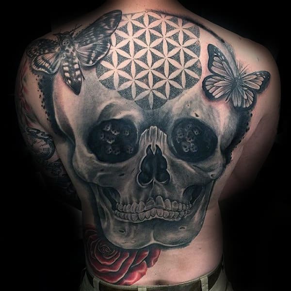 3d Skull Mens Flower Of Life Back Tattoos