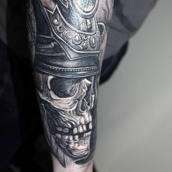 3d-skull-wearing-samurai-helmet-mens-forearm-tattoos-1