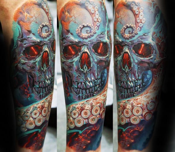 3d Skull With Octopus Tentacles Sleeve Tattoo For Men
