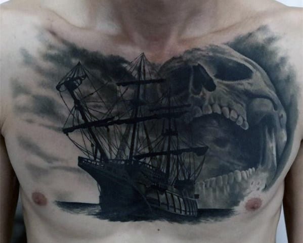 3d Skull With Sailing Ship Guys Upper Chest Tattoo Ideas