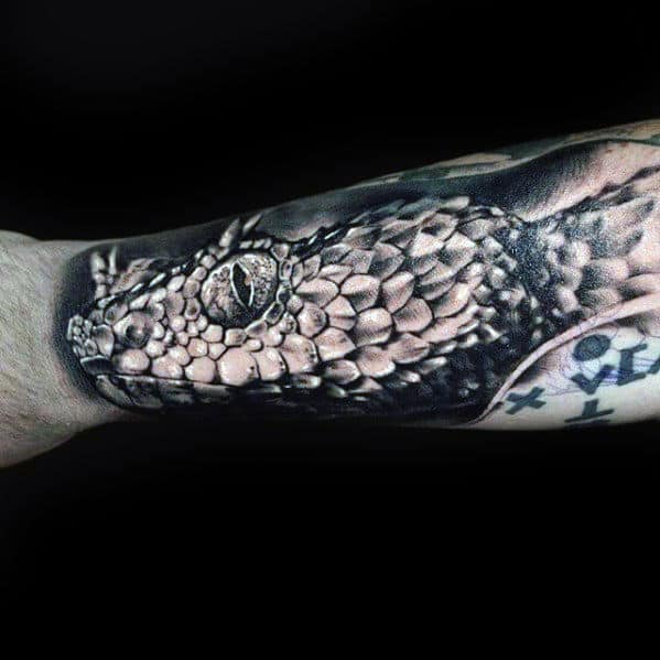 3d Snake Head Scales Mens Outer Forearm Tattoo