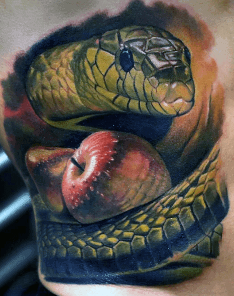 3d Snake With Apple Mens Back Tattoo