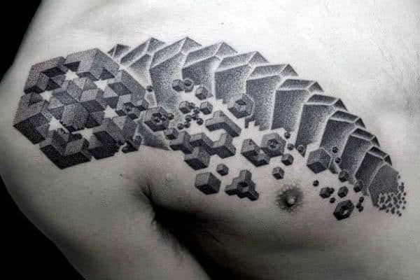 3d Stone Cube Pointillism Mens Chest Tattoo