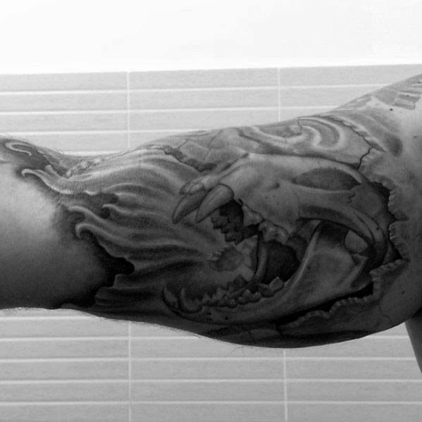 3d Stone Lion Skull Male Inner Arm Bicep Tattoo