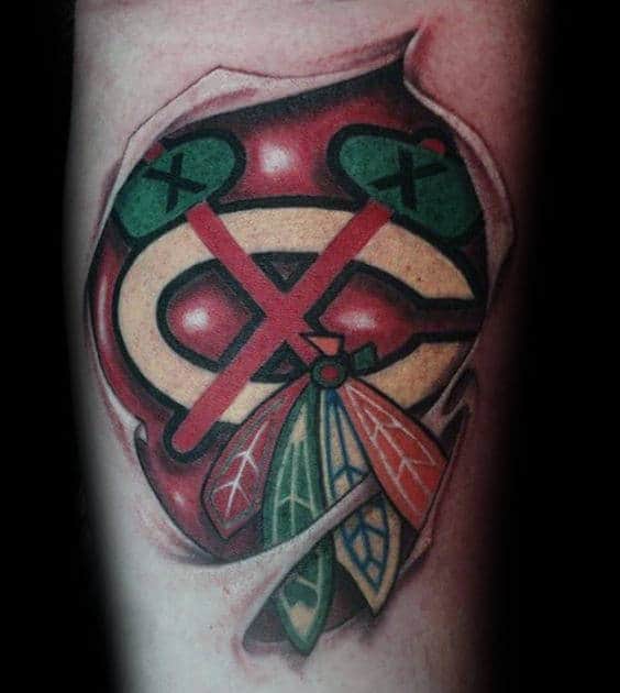 3d Torn Skin Chicago Blackhawks Mens Forearm Tattoo