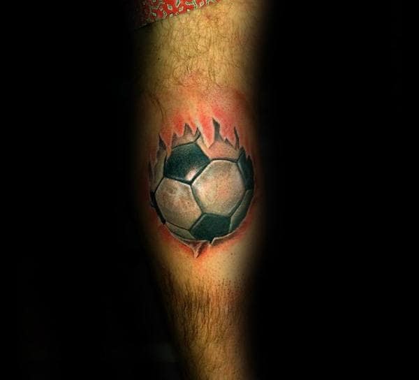 3d Torn Skin Soccerball Mens Leg Calf Tattoo Design Ideas